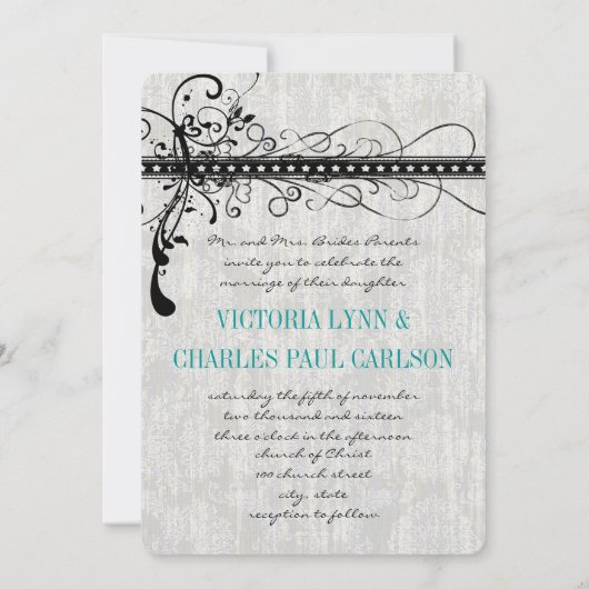 Gray Damask Renaissance Wedding Photo Uitnodiging (Achterkant)