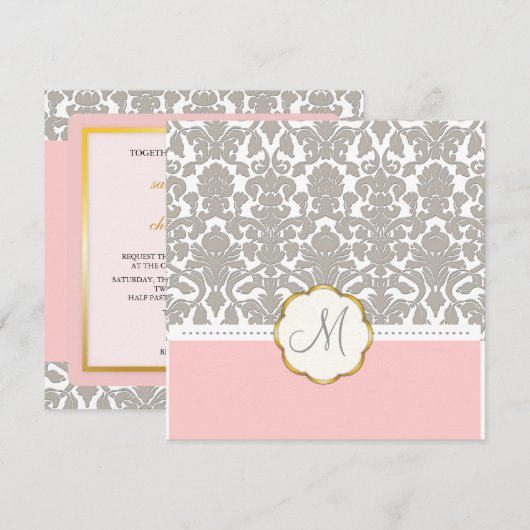 Gray Damask + Roze Accent Wedding Invitations Kaart (Voorkant / Achterkant)