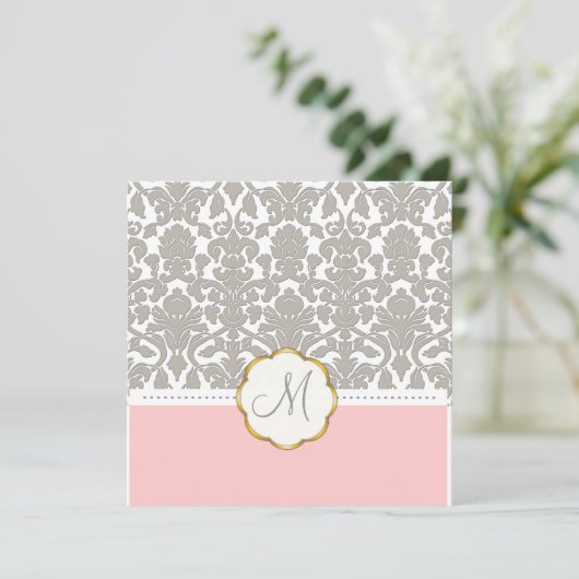 Gray Damask + Roze Accent Wedding Invitations Kaart (Staand voorkant)