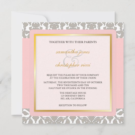 Gray Damask + Roze Accent Wedding Invitations Kaart (Achterkant)