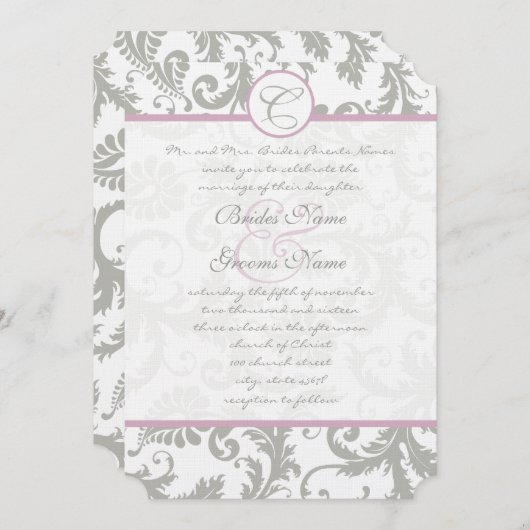 Gray Damask Sweet Lila Wedding Invitations Kaart (Voorkant / Achterkant)