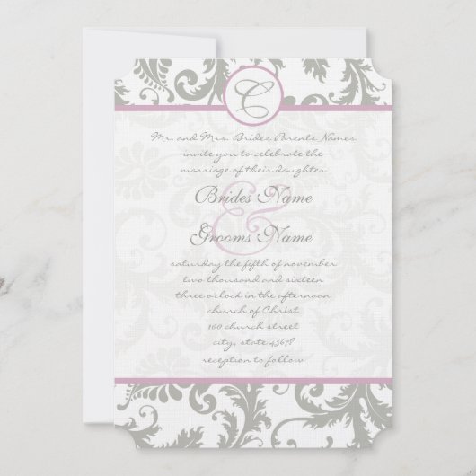 Gray Damask Sweet Lila Wedding Invitations Kaart (Voorkant)