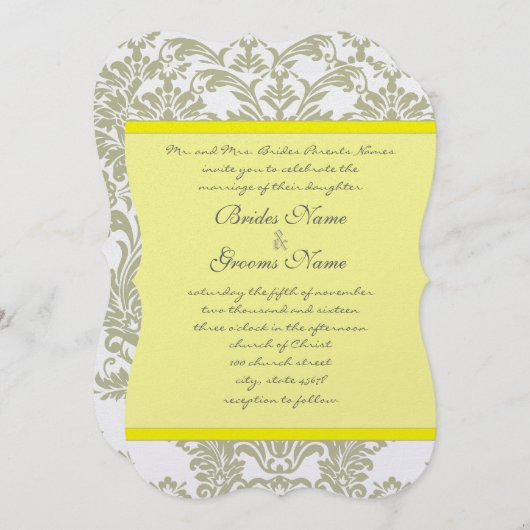 Gray Damask Swirls Bight Yellow Weduwuitnodiging Kaart (Voorkant / Achterkant)