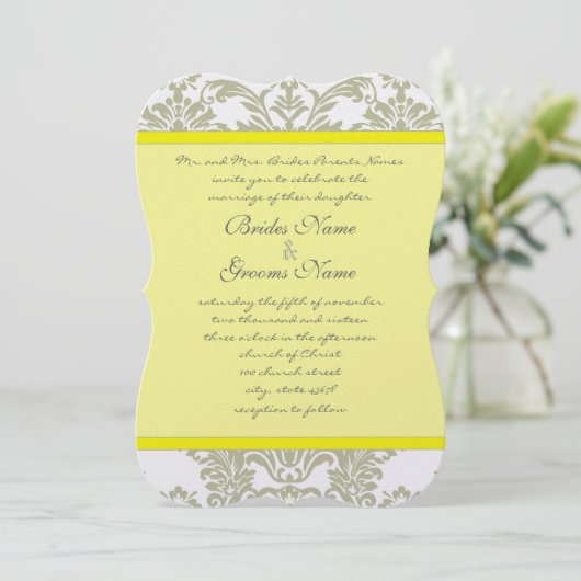 Gray Damask Swirls Bight Yellow Weduwuitnodiging Kaart (Staand voorkant)