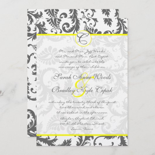 Gray Damask Swirls Bight Yellow Weduwuitnodiging Kaart (Voorkant / Achterkant)