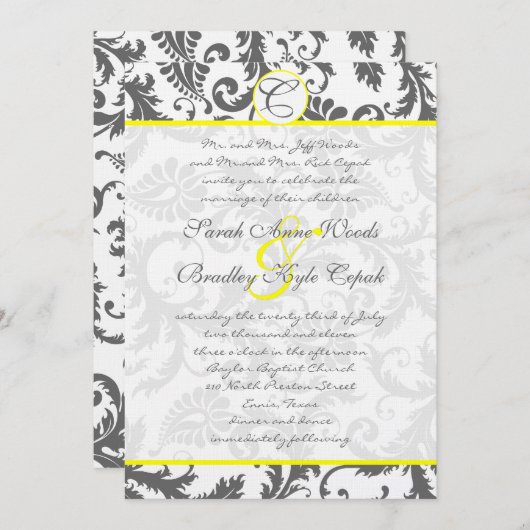 Gray Damask Swirls Bight Yellow Weduwuitnodiging Kaart (Voorkant / Achterkant)