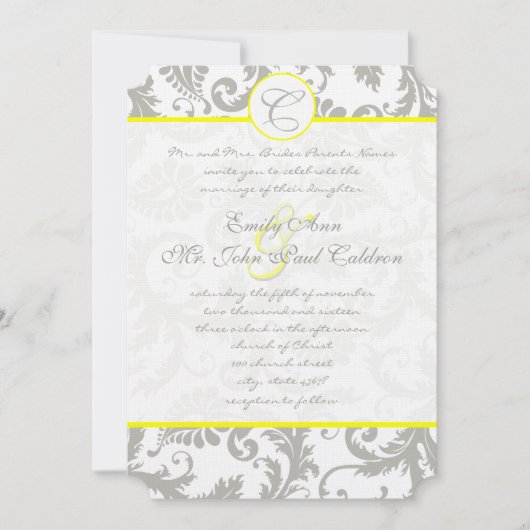 Gray Damask Swirls Bight Yellow Weduwuitnodiging Kaart (Voorkant)