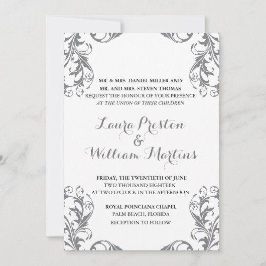 Gray Damask Wedding Uitnodiging (Voorkant)