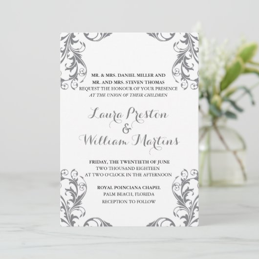 Gray Damask Wedding Uitnodiging (Staand voorkant)