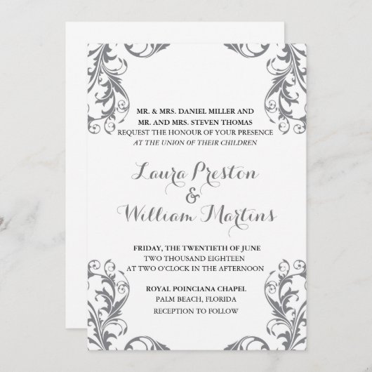 Gray Damask Wedding Uitnodiging (Voorkant / Achterkant)