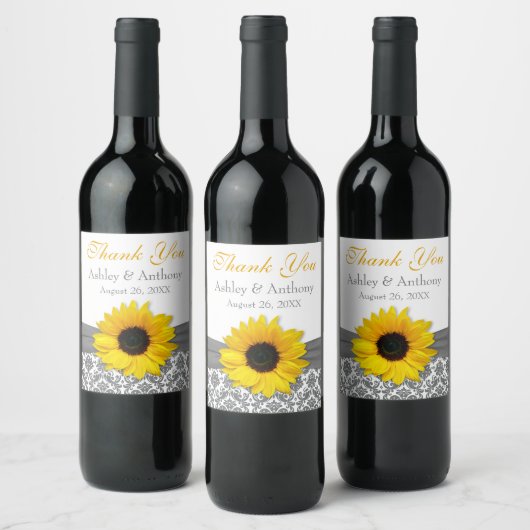 Gray Damask Yellow Sunflower Weddenschap Bedankt Wijn Etiket (Flessen)