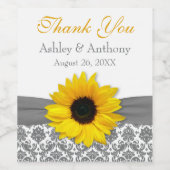 Gray Damask Yellow Sunflower Weddenschap Bedankt Wijn Etiket (Enkel label)