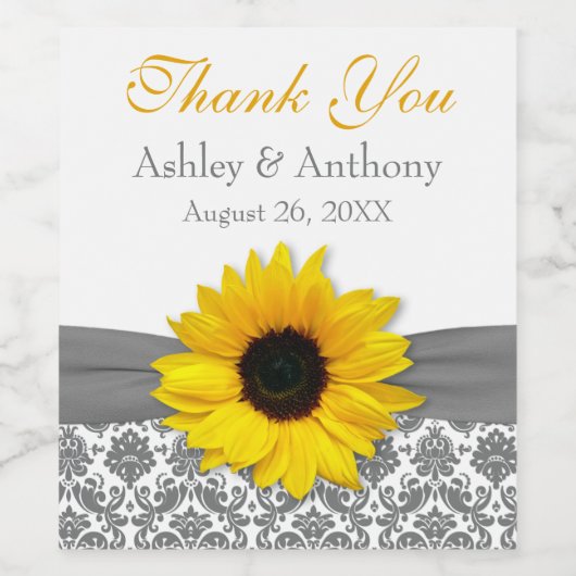 Gray Damask Yellow Sunflower Weddenschap Bedankt Wijn Etiket (Enkel label)