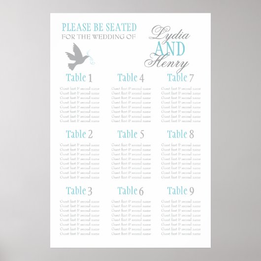 Gray dove aqua blue trouwzittafel plan 1-9 poster (Voorkant)