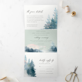 GRAY DUSKY BLUE MOUNTAINS PINE WATERVERF WEDDING DRIELUIK UITNODIGING