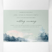 GRAY DUSKY BLUE MOUNTAINS PINE WATERVERF WEDDING DRIELUIK UITNODIGING (Binnenkant midden)