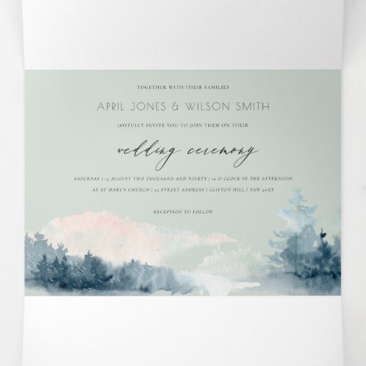GRAY DUSKY BLUE MOUNTAINS PINE WATERVERF WEDDING DRIELUIK UITNODIGING (Binnenkant midden)