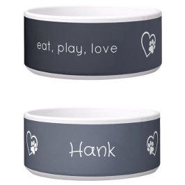 Gray 'eat, play, love' Dog Name Bowl Voerbakje