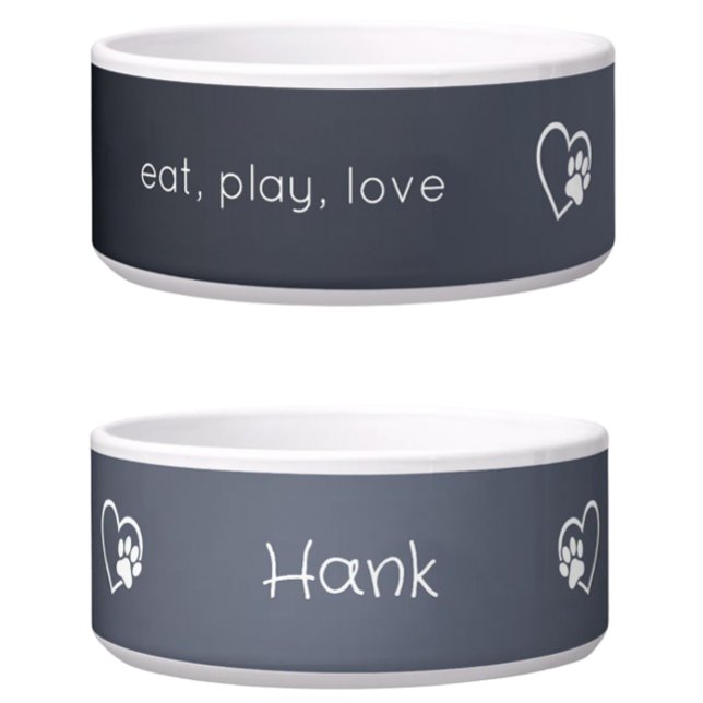 Gray 'eat, play, love' Dog Name Bowl Voerbakje (Creator heeft geüpload)