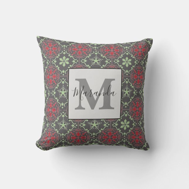 Gray Elegant Winter Nordic Snowflake Monogram Kussen (Voorkant)