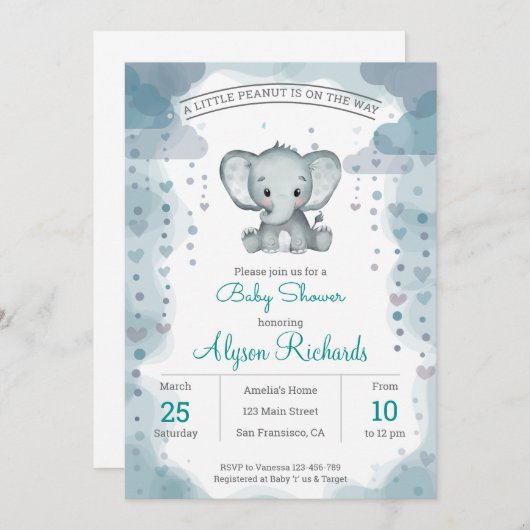 Gray Elephant Waterverf Baby shower Kaart (Voorkant / Achterkant)
