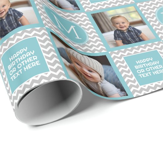 Gray en Aqua Blue Chevrons - Foto en Monogram Cadeaupapier (Rol Hoek)