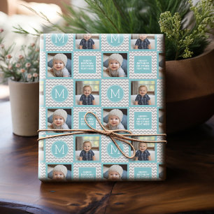 Gray en Aqua Blue Chevrons - Foto en Monogram Cadeaupapier