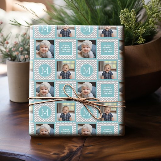 Gray en Aqua Blue Chevrons - Foto en Monogram Cadeaupapier