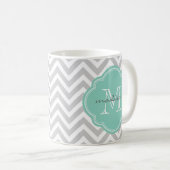 Gray en Aqua Chevron Aangepast monogram Koffiemok (Voorkant rechts)