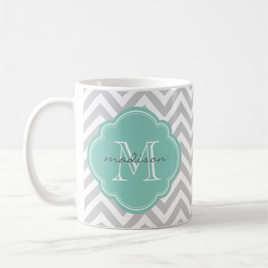 Gray en Aqua Chevron Aangepast monogram Koffiemok (Links)