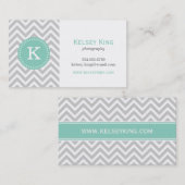 Gray en Aqua Chevron Aangepast monogram Visitekaartje (Voorkant / Achterkant)