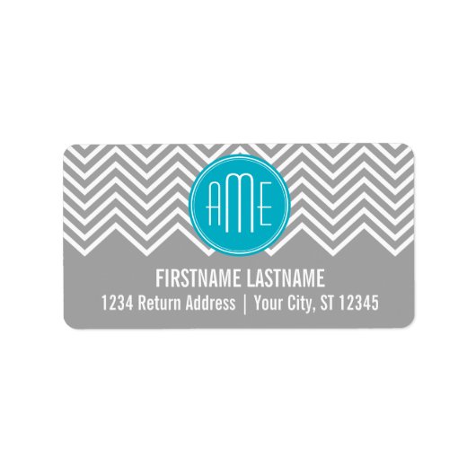 Gray en Aqua Chevron Pattern met modern monogram Etiket (Voorkant)