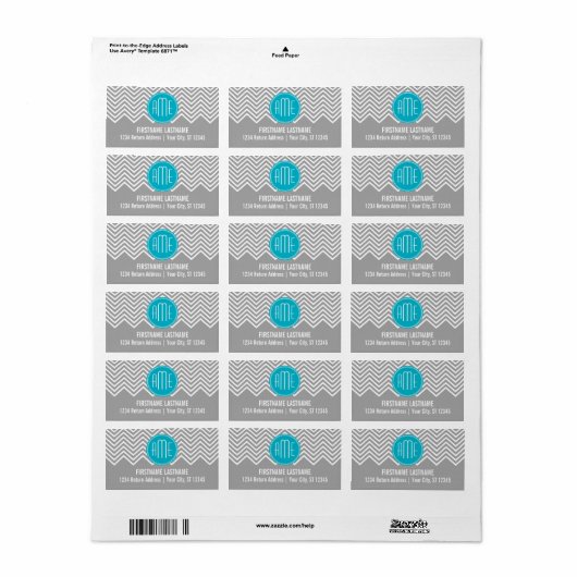 Gray en Aqua Chevron Pattern met modern monogram Etiket (Full Sheet)