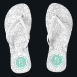 Gray en Aqua Floral Damask Monogram Teenslippers<br><div class="desc">Aangepast gedrukte flip flop sandalen met een stijlvol elegant floral damask patroon en uw aangepaste monogram of andere tekst in een cirkelvormig lijst. Klik aanpassen het om tekstdoopvonten en kleuren te veranderen of uw eigen afbeeldingen toe te voegen om unieke één van een soortontwerp te creëer!</div>