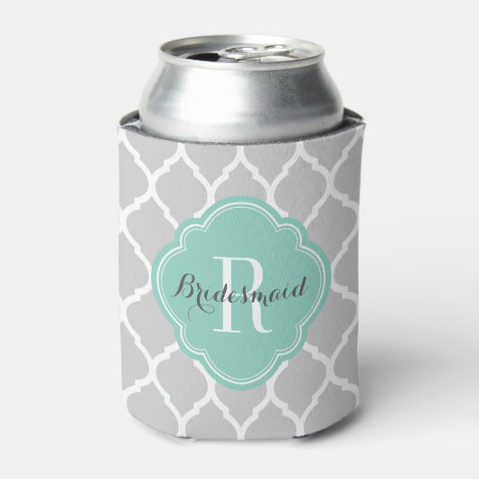 Gray en Aqua Moroccan Quatrefoil Monogram Blikjeskoeler (Blikje Voorkant)