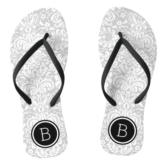 Gray en Black Floral Damask Monogram Teenslippers (Voetbed)