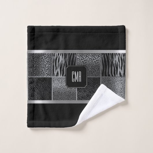 Gray en Black Wild Animal Pattern met Monogram Bad Handdoek (Wasdoekje)