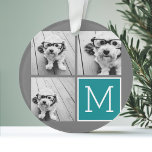 Gray en Blauwgroen Instagram Photo Collage Monogra Ornament<br><div class="desc">Gebruik 3 vierkante foto's om een uniek en persoonlijk cadeau te creëer. Of je kunt de hipster puppy houden en een trendy keepslag maken. Als u de afbeeldingen moet aanpassen,  klik op het aanpassingshulpmiddel om veranderingen aan te brengen.</div>