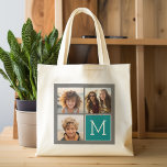 Gray en Blauwgroen Instagram Photo Collage Monogra Tote Bag<br><div class="desc">Gebruik 3 vierkante foto's om een uniek en persoonlijk cadeau te creëer. Of je kunt de hipster puppy houden en een trendy keepslag maken. Als u de afbeeldingen moet aanpassen,  klik op het aanpassingshulpmiddel om veranderingen aan te brengen.</div>