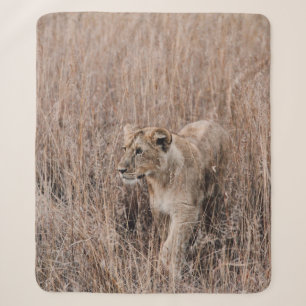 GRAY EN BROWN LION, OMROUND DOOR BROWN GRASS SHERPA DEKEN