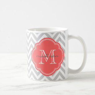 Gray en Coral Chevron Aangepast monogram Koffiemok