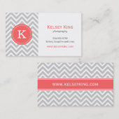 Gray en Coral Chevron Aangepast monogram Visitekaartje (Voorkant / Achterkant)