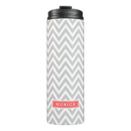 Gray en Coral Chevron Monogram Thermosbeker