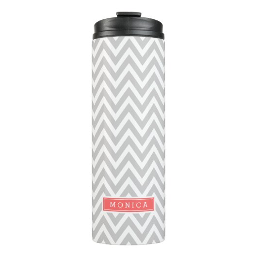 Gray en Coral Chevron Monogram Thermosbeker (Voorkant)