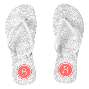 Gray en Coral Floral Damask Monogram Teenslippers