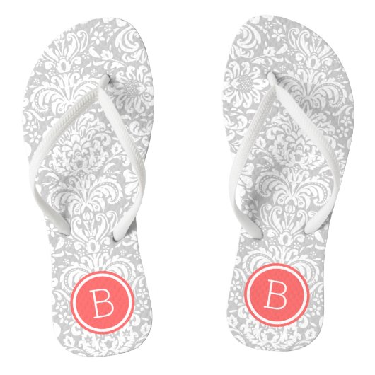 Gray en Coral Floral Damask Monogram Teenslippers (Voetbed)