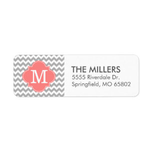 Gray en Coral Modern Chevron Aangepast monogram Etiket