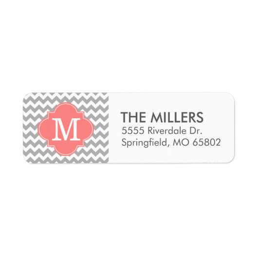 Gray en Coral Modern Chevron Aangepast monogram Etiket (Voorkant)