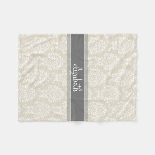 Gray en Linen  Damask Patroon met Naam Fleece Deken (Voorkant (Horizontaal))