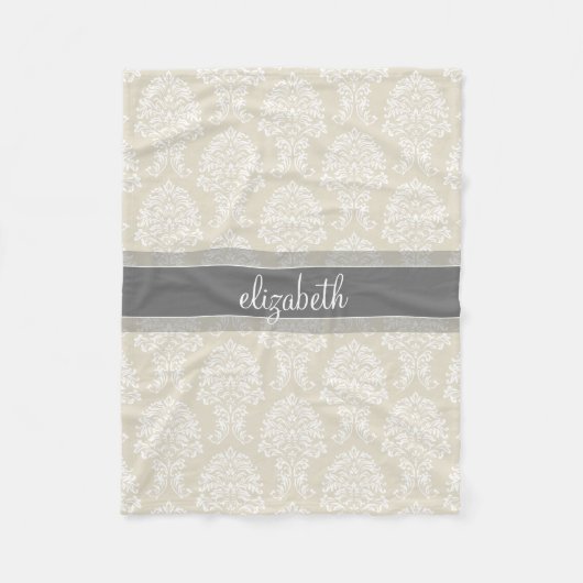 Gray en Linen  Damask Patroon met Naam Fleece Deken (Voorkant)